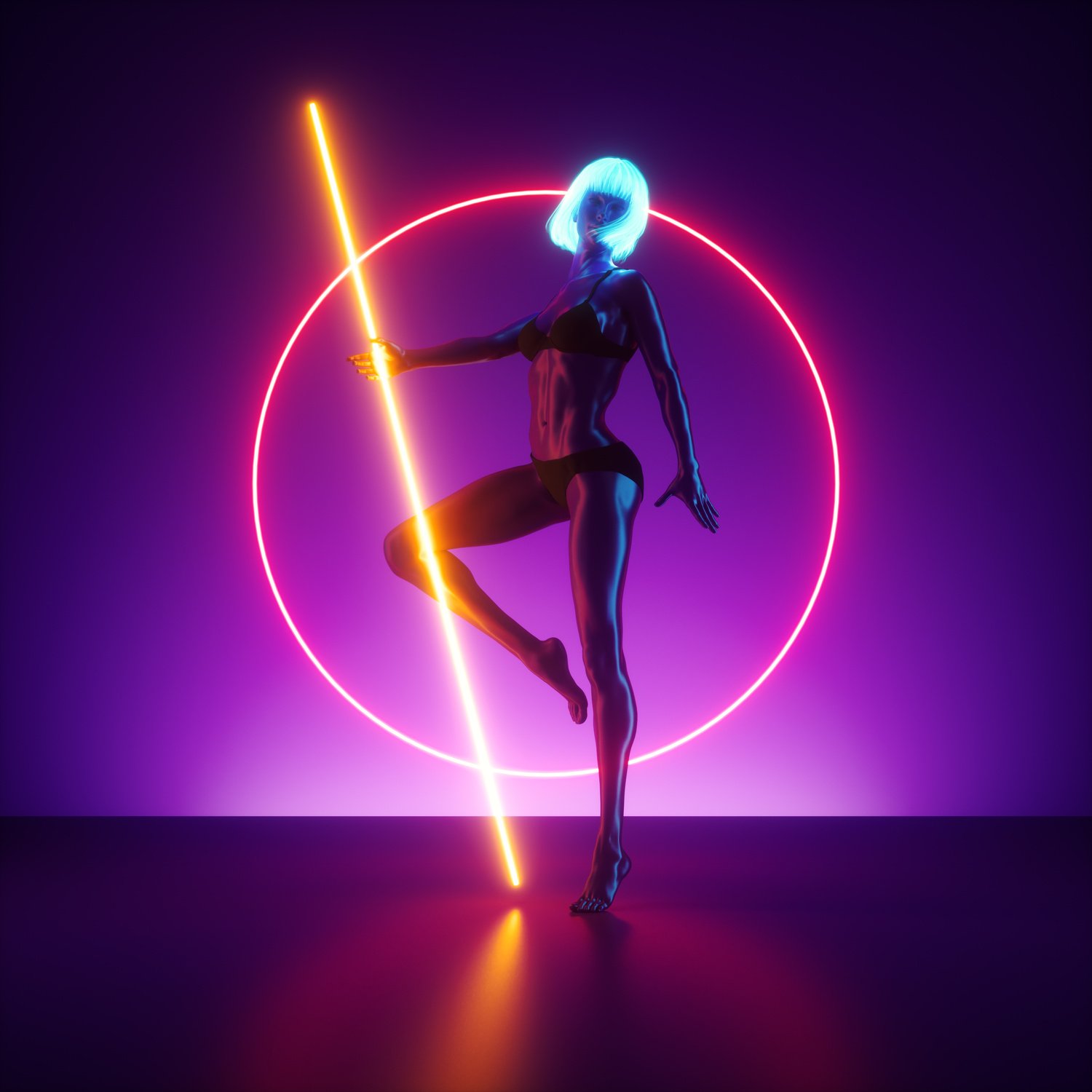 Virtual Female with Neon Lights and Stick