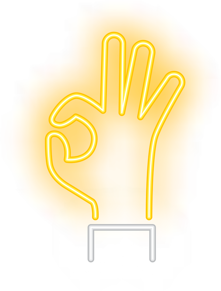 Okay neon sign. Glowing hand in okay gesture on brick wall background. Vector illustration can be used for gesturing, communication, chatting