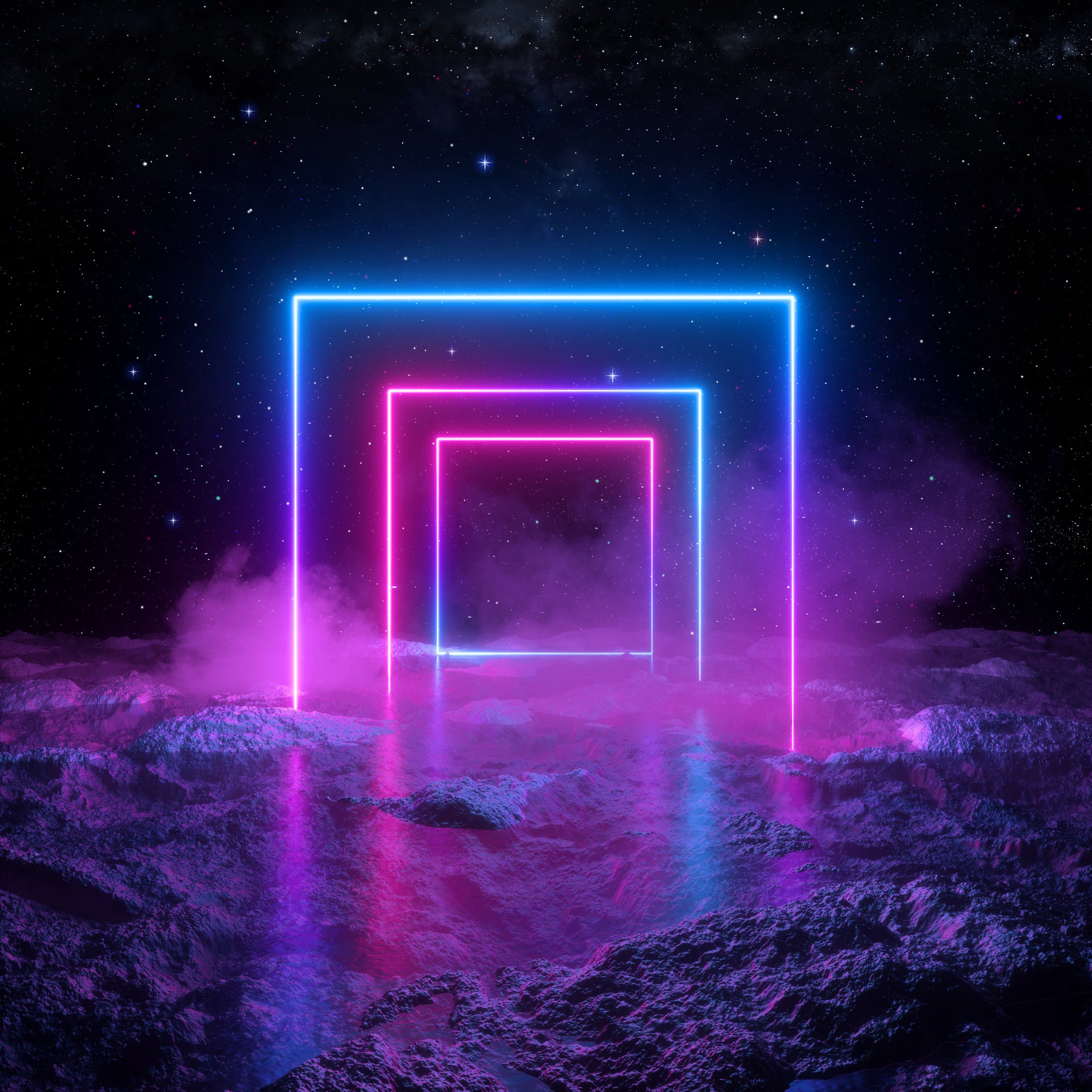 3d render, abstract background, cosmic landscape, square portal, pink blue lines, neon light, virtual reality, energy source, blank space, ultraviolet spectrum, laser show, smoke, fog, ground